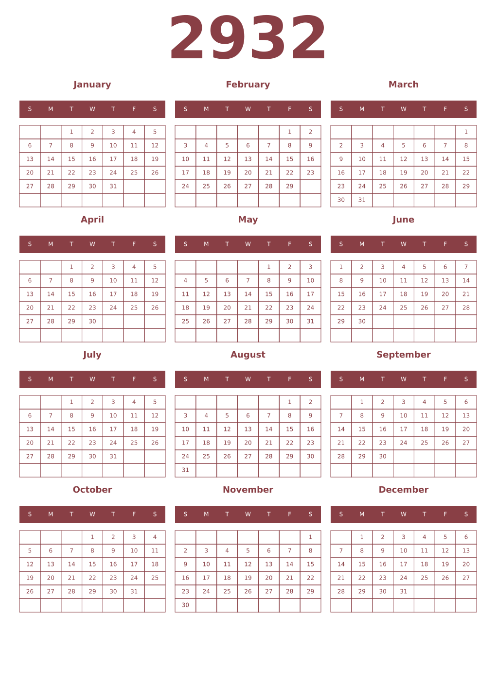 Printable 2932 Year Calendars cordovan