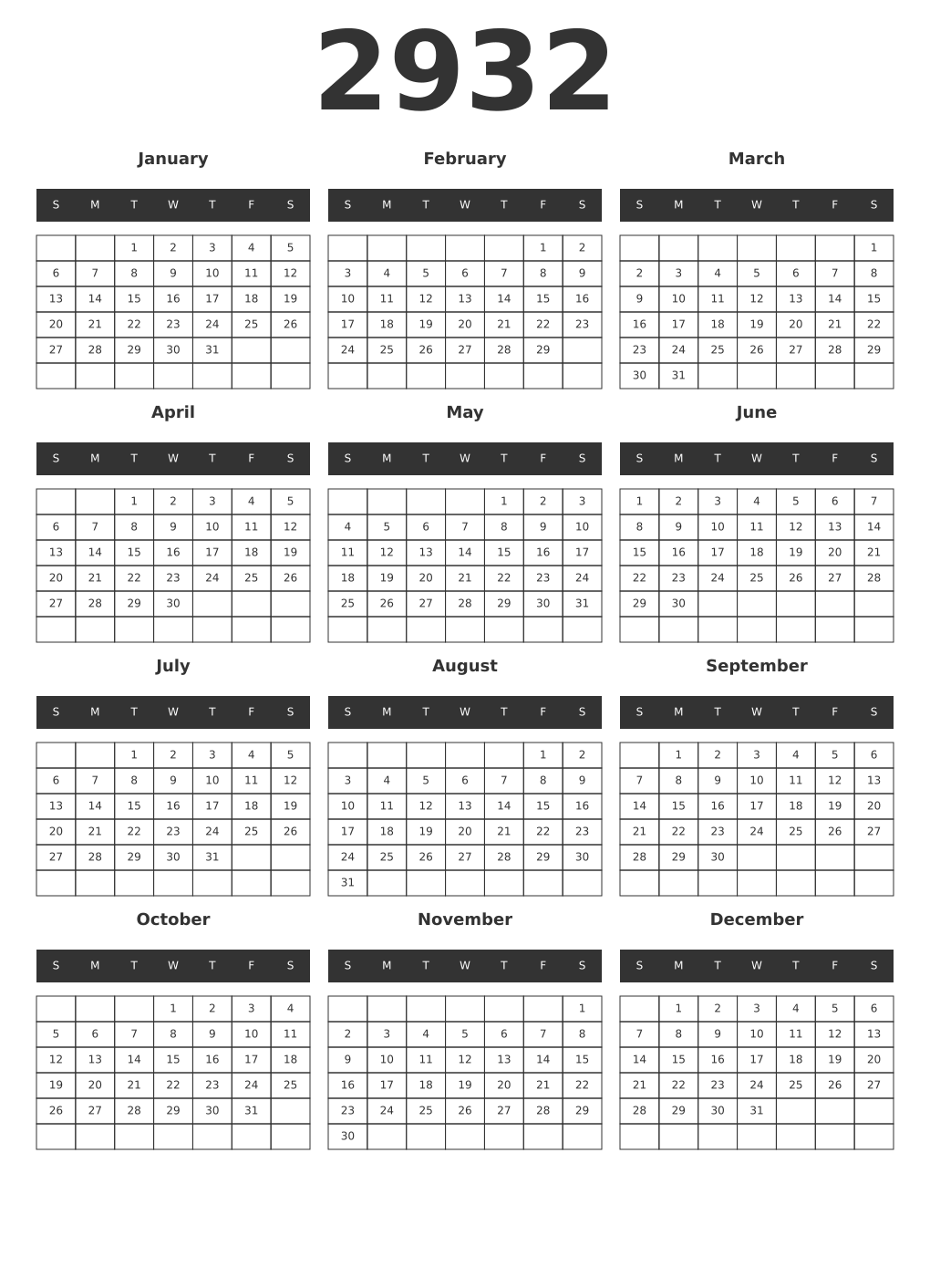 Printable 2932 Year Calendars dark