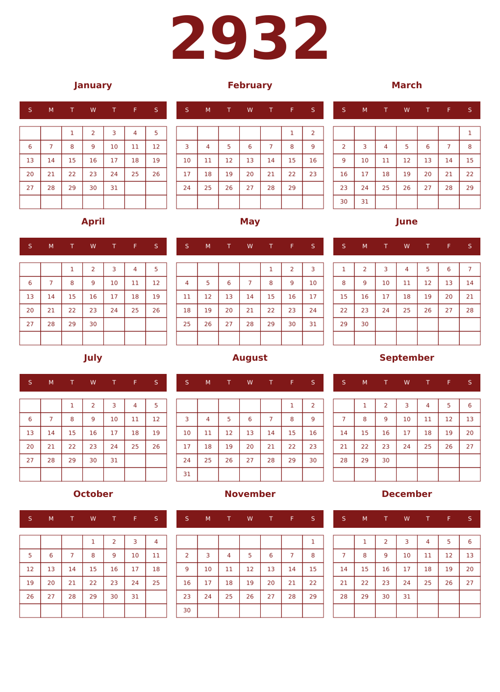 Printable 2932 Year Calendars falu