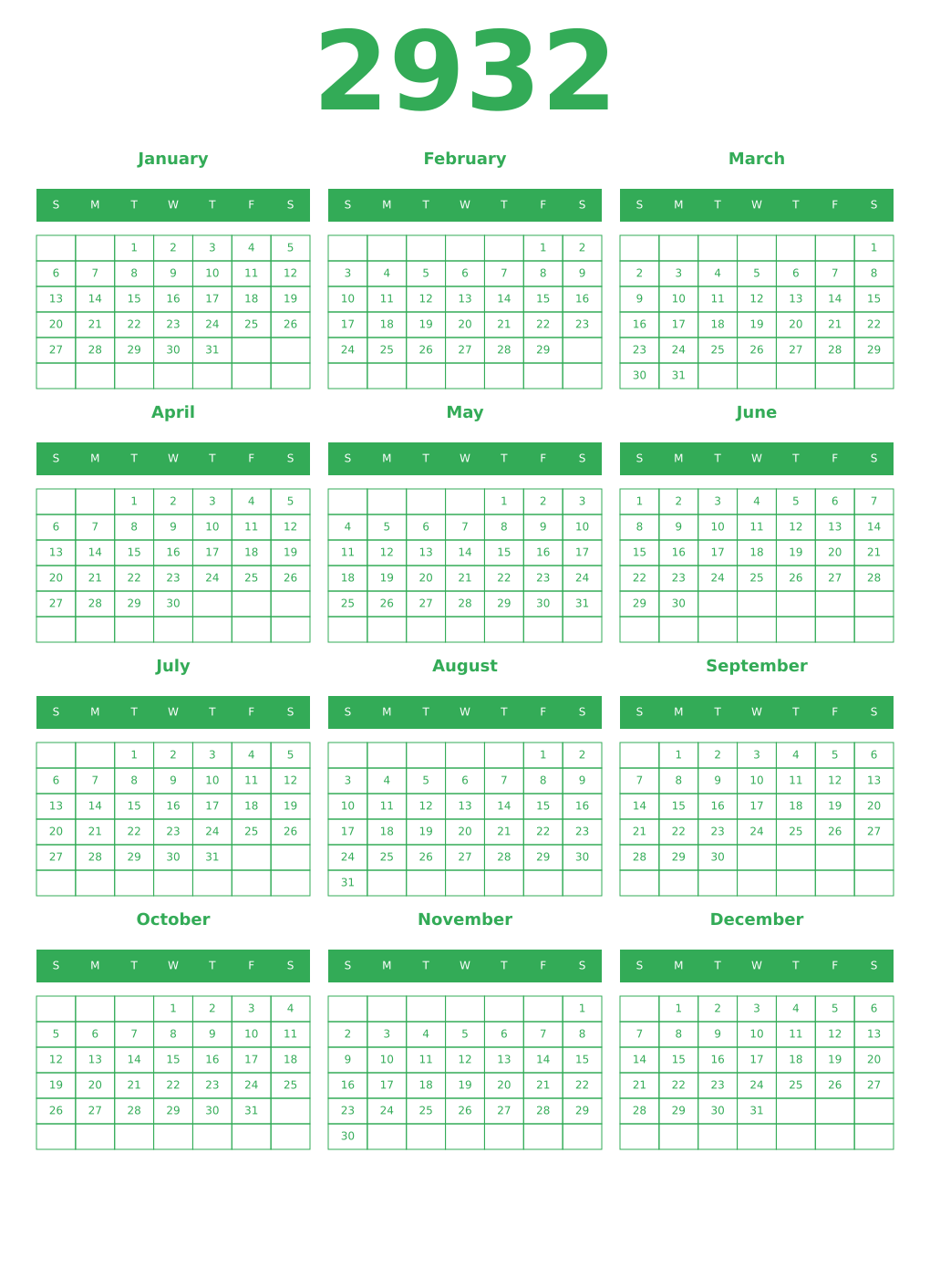 Printable 2932 Year Calendars green