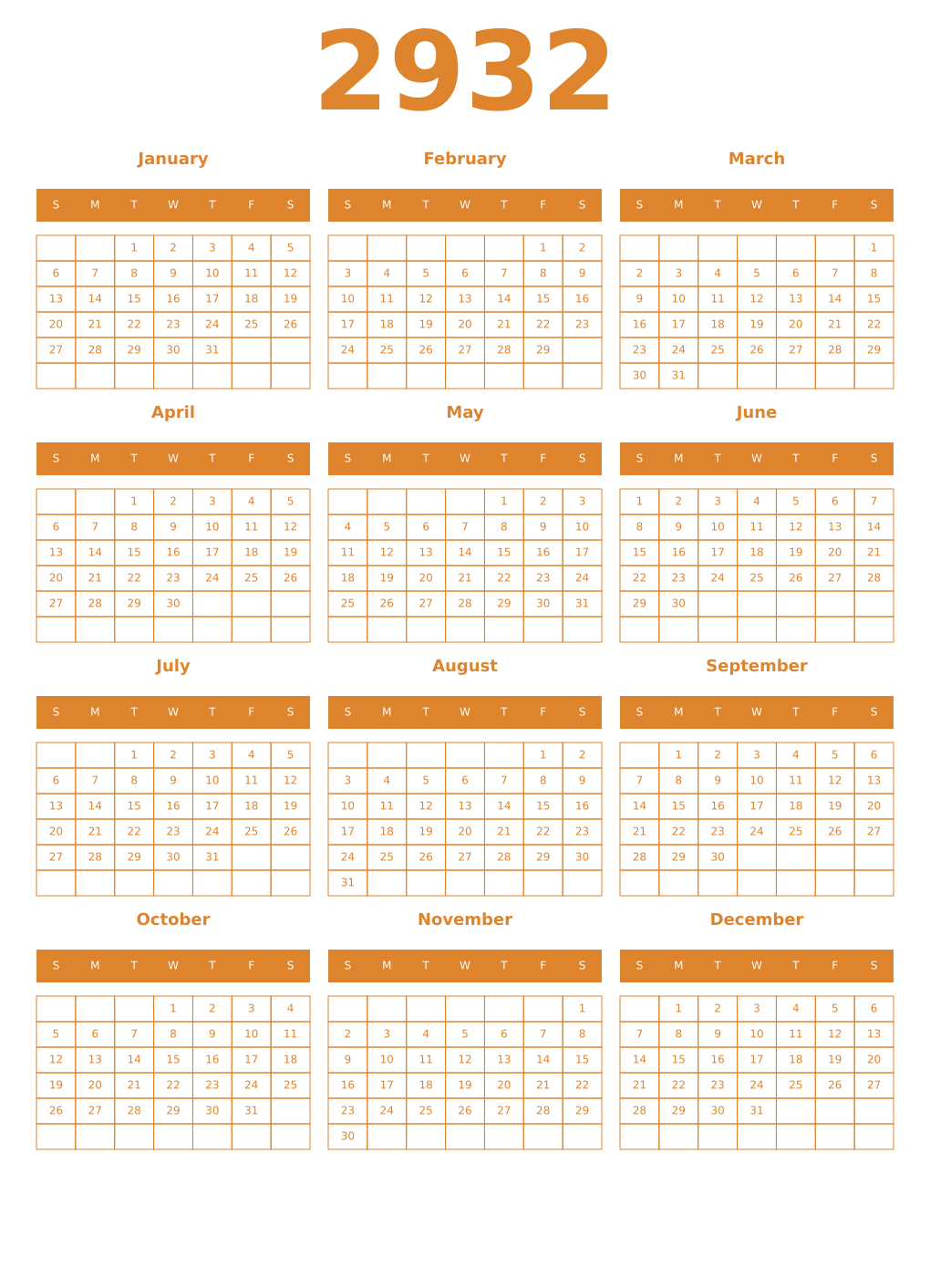 Printable 2932 Year Calendars orange