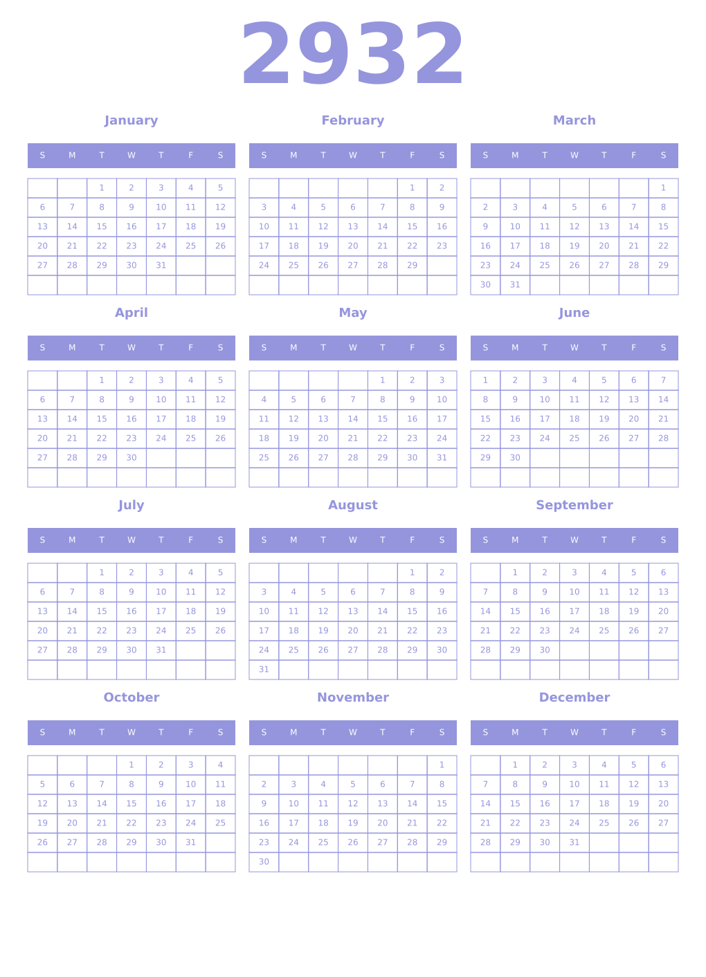 Printable 2932 Year Calendars periwinkle