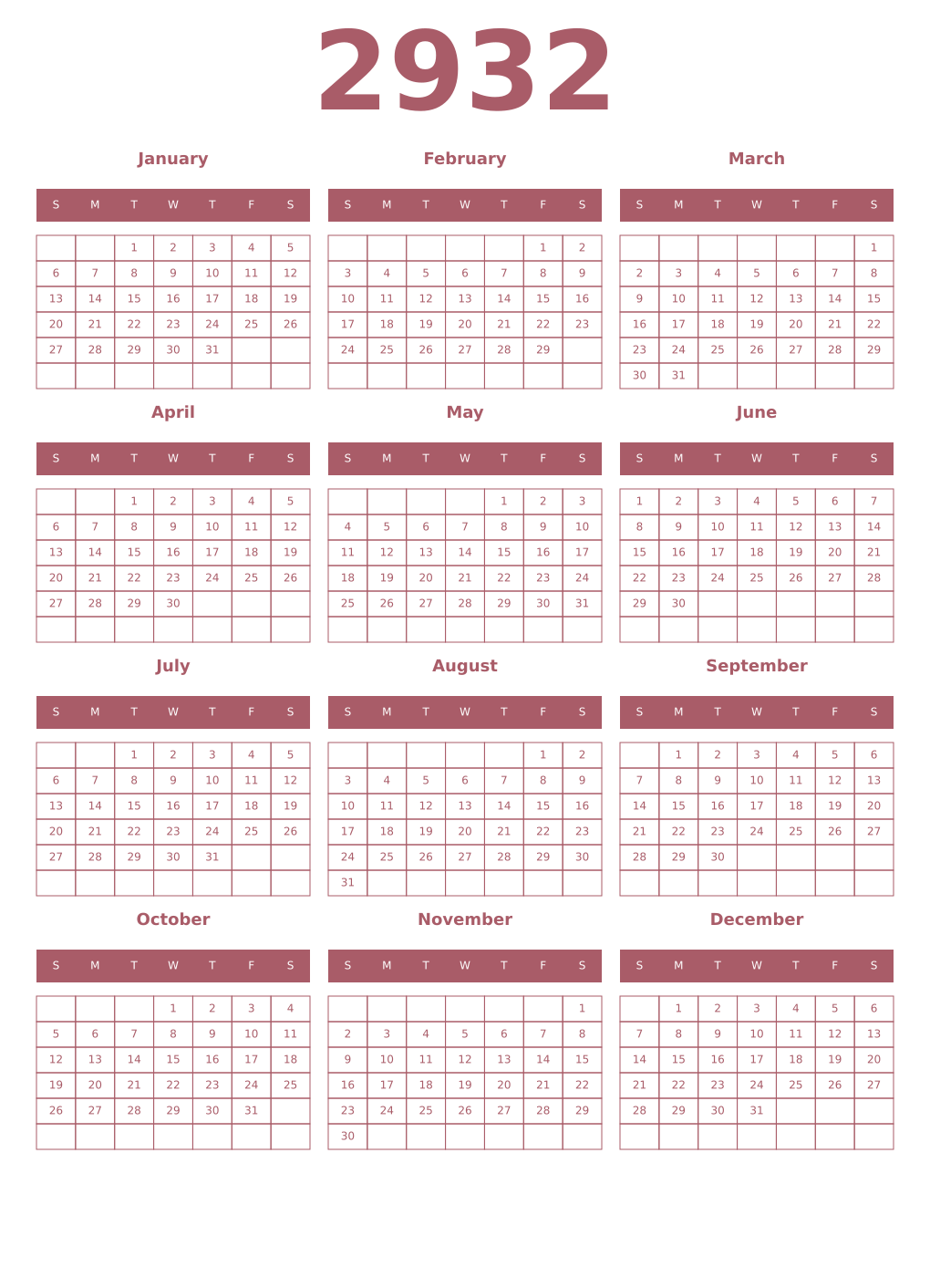 Printable 2932 Year Calendars puce