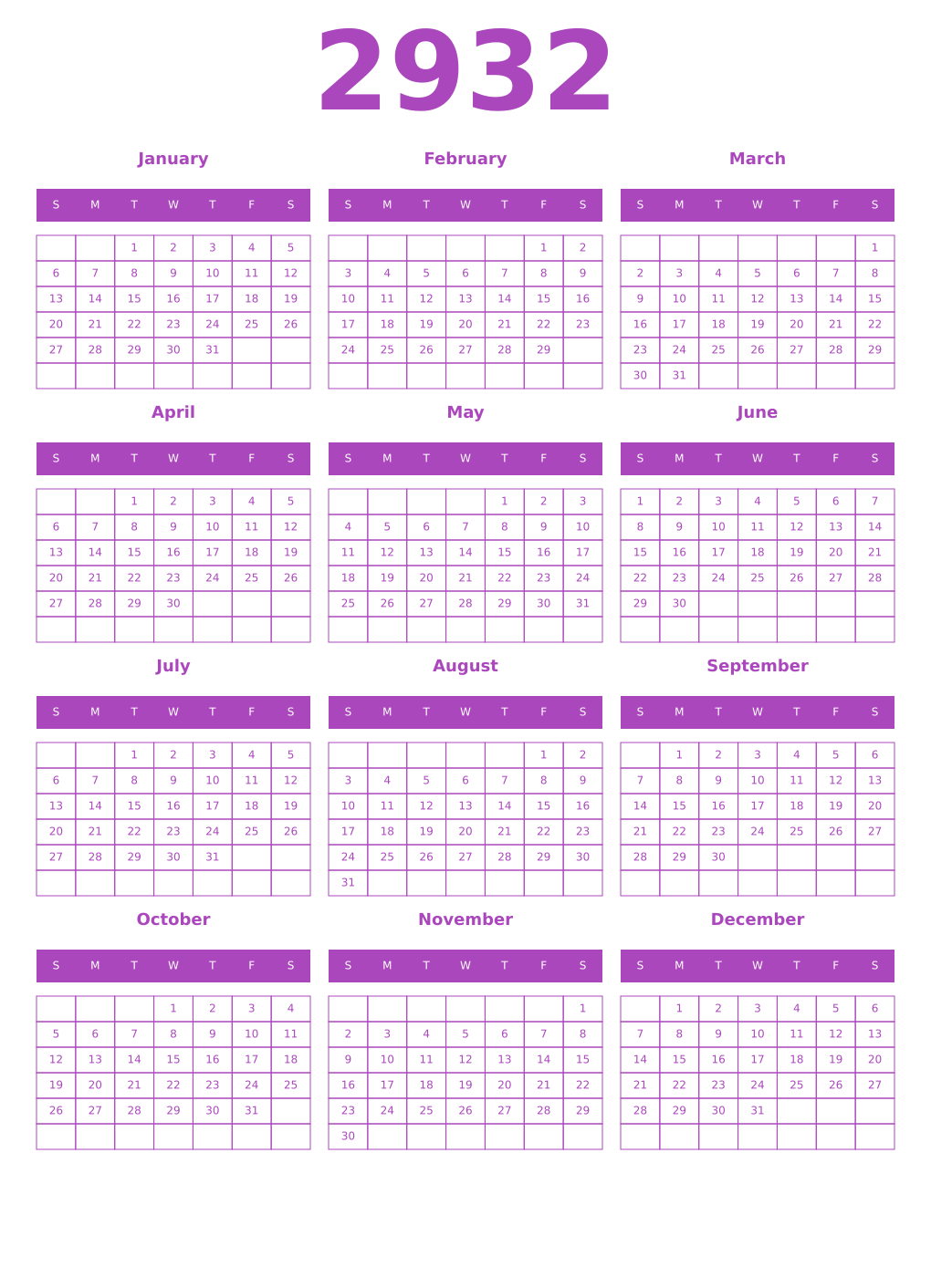Printable 2932 Year Calendars purple