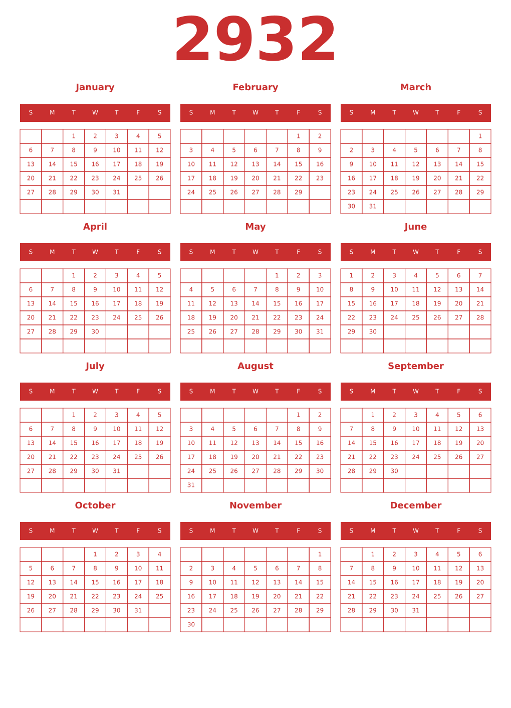 Printable 2932 Year Calendars red