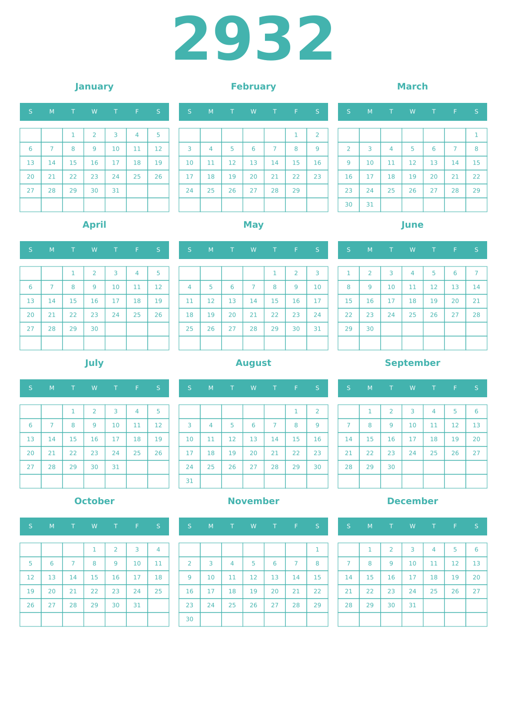 Printable 2932 Year Calendars verdigris