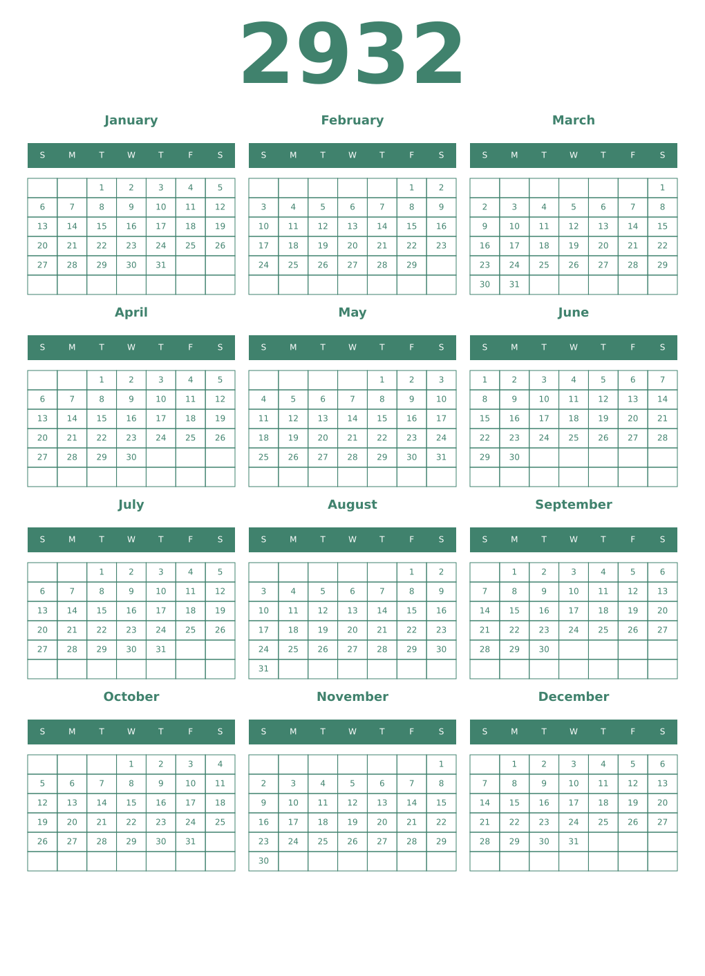 Printable 2932 Year Calendars viridian