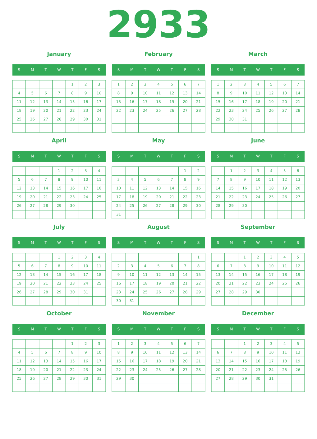Printable 2933 Year Calendars green
