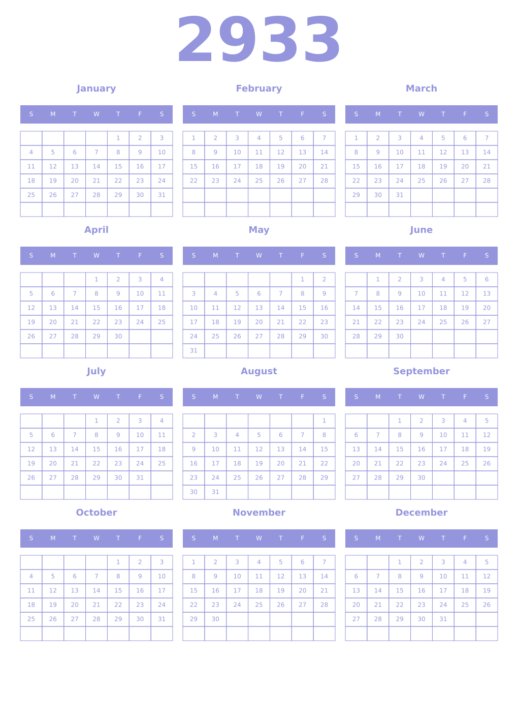 Printable 2933 Year Calendars periwinkle