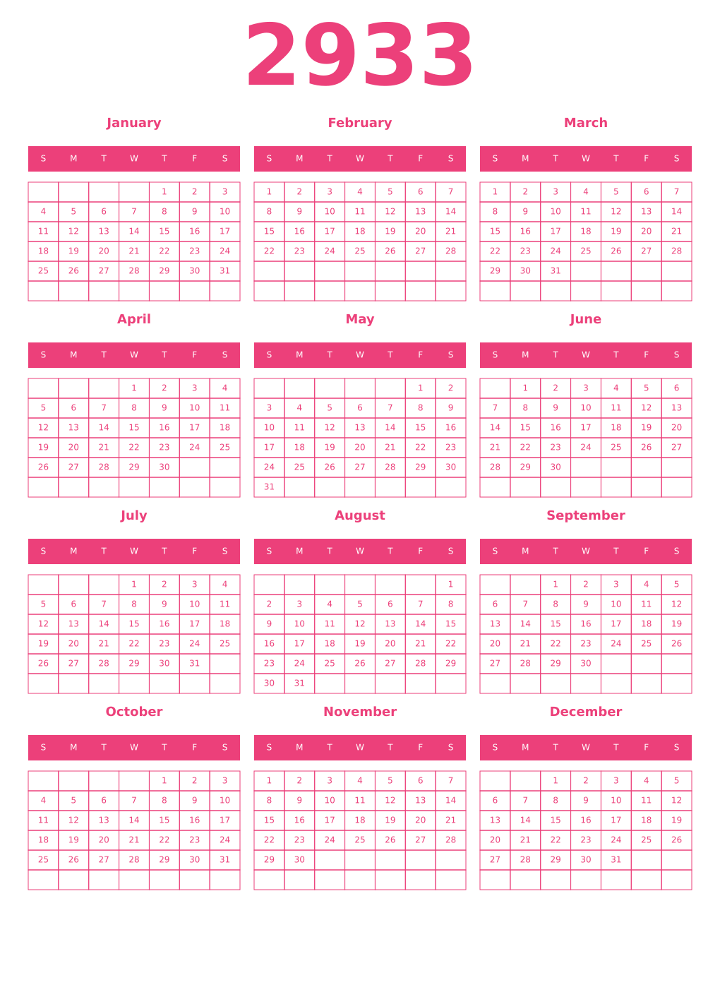 Printable 2933 Year Calendars pink