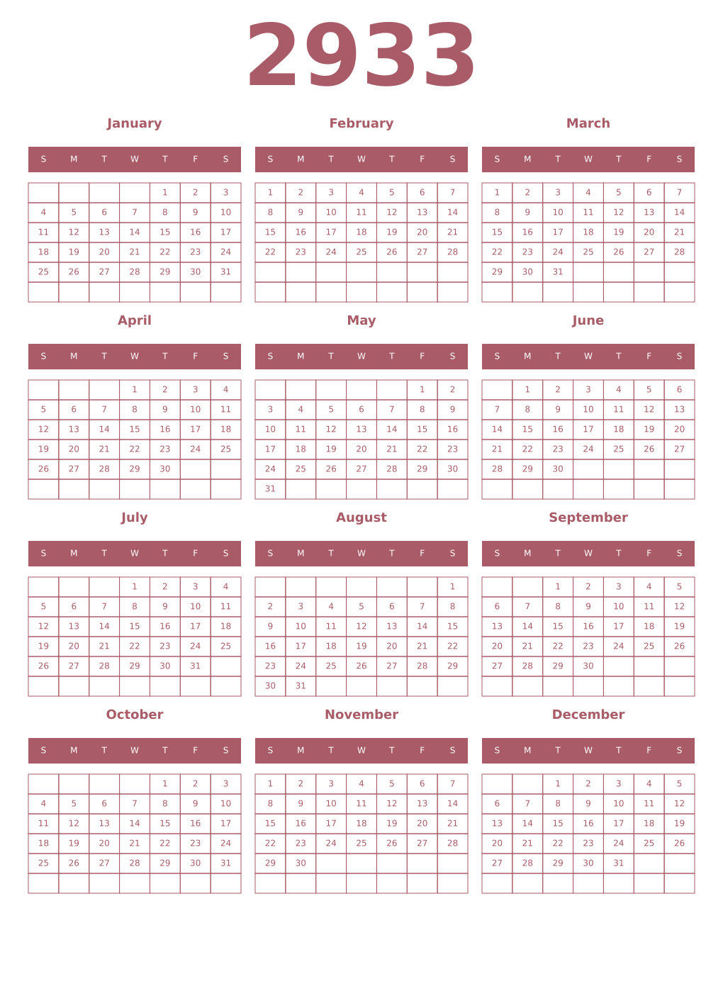 Printable 2933 Year Calendars puce