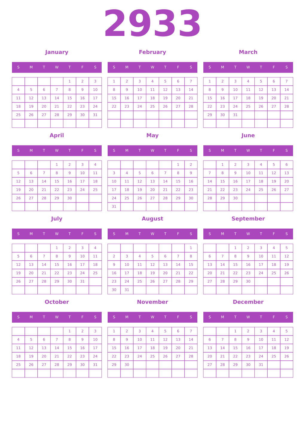 Printable 2933 Year Calendars purple
