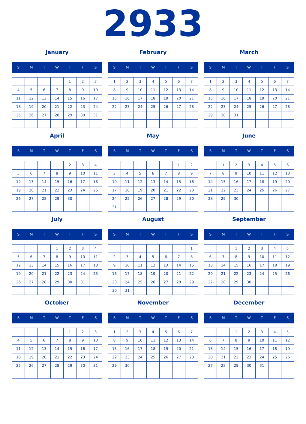 Printable 2933 Year Calendars smalt
