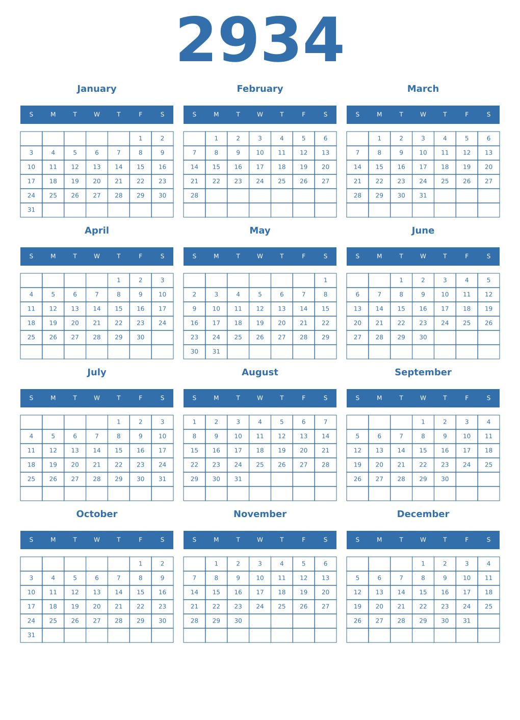 Printable 2934 Year Calendars blue