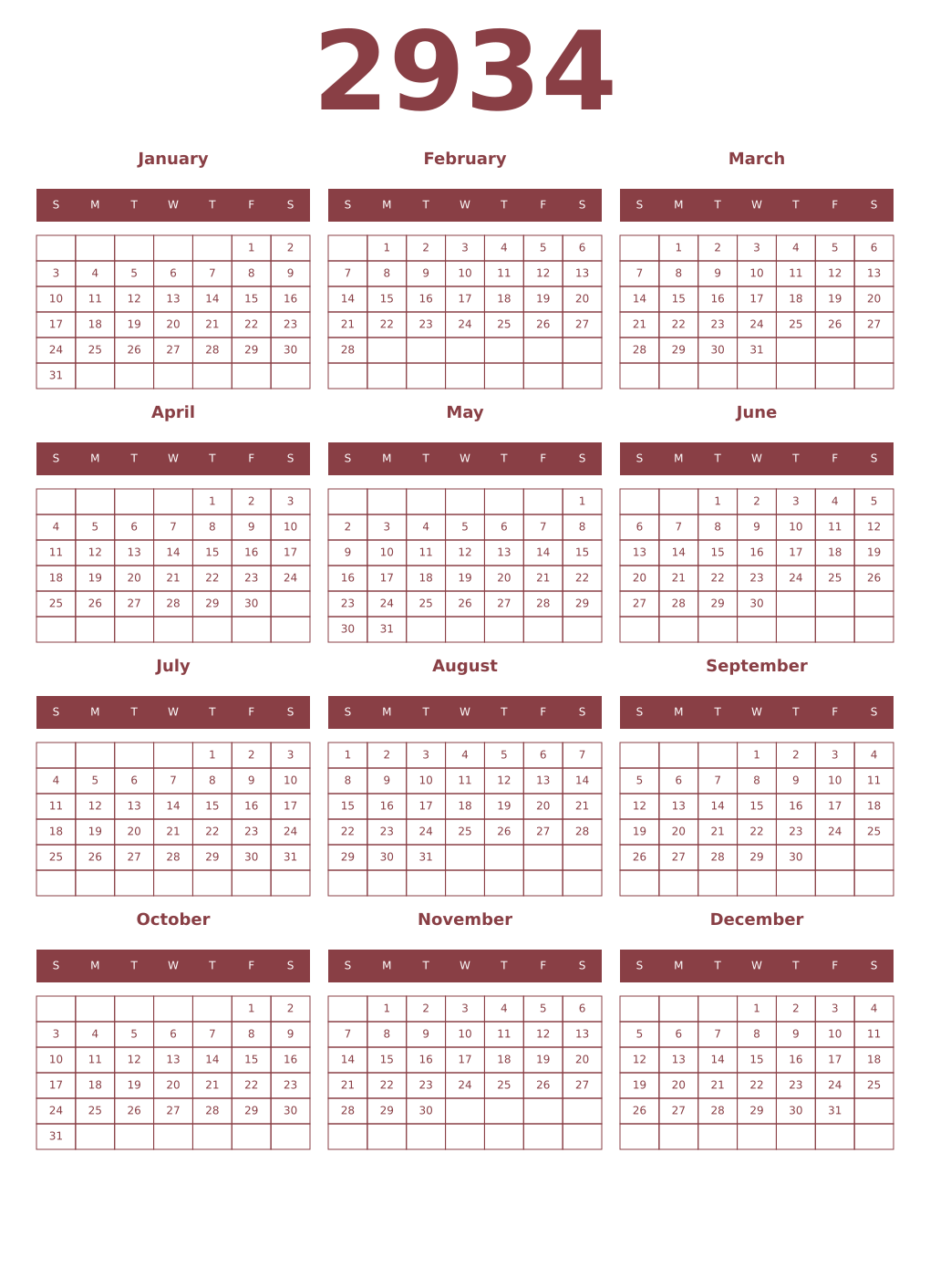 Printable 2934 Year Calendars cordovan