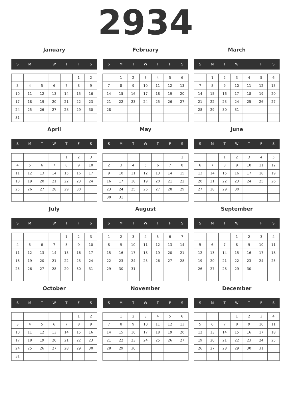 Printable 2934 Year Calendars dark