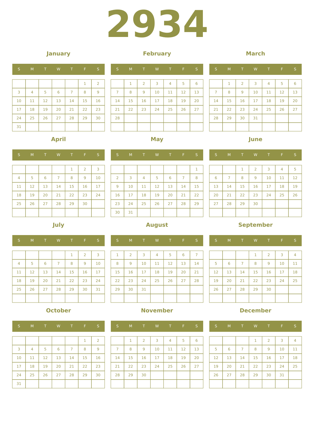 Printable 2934 Year Calendars eburnean