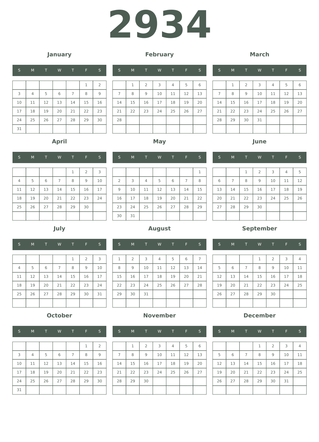 Printable 2934 Year Calendars feldgrau