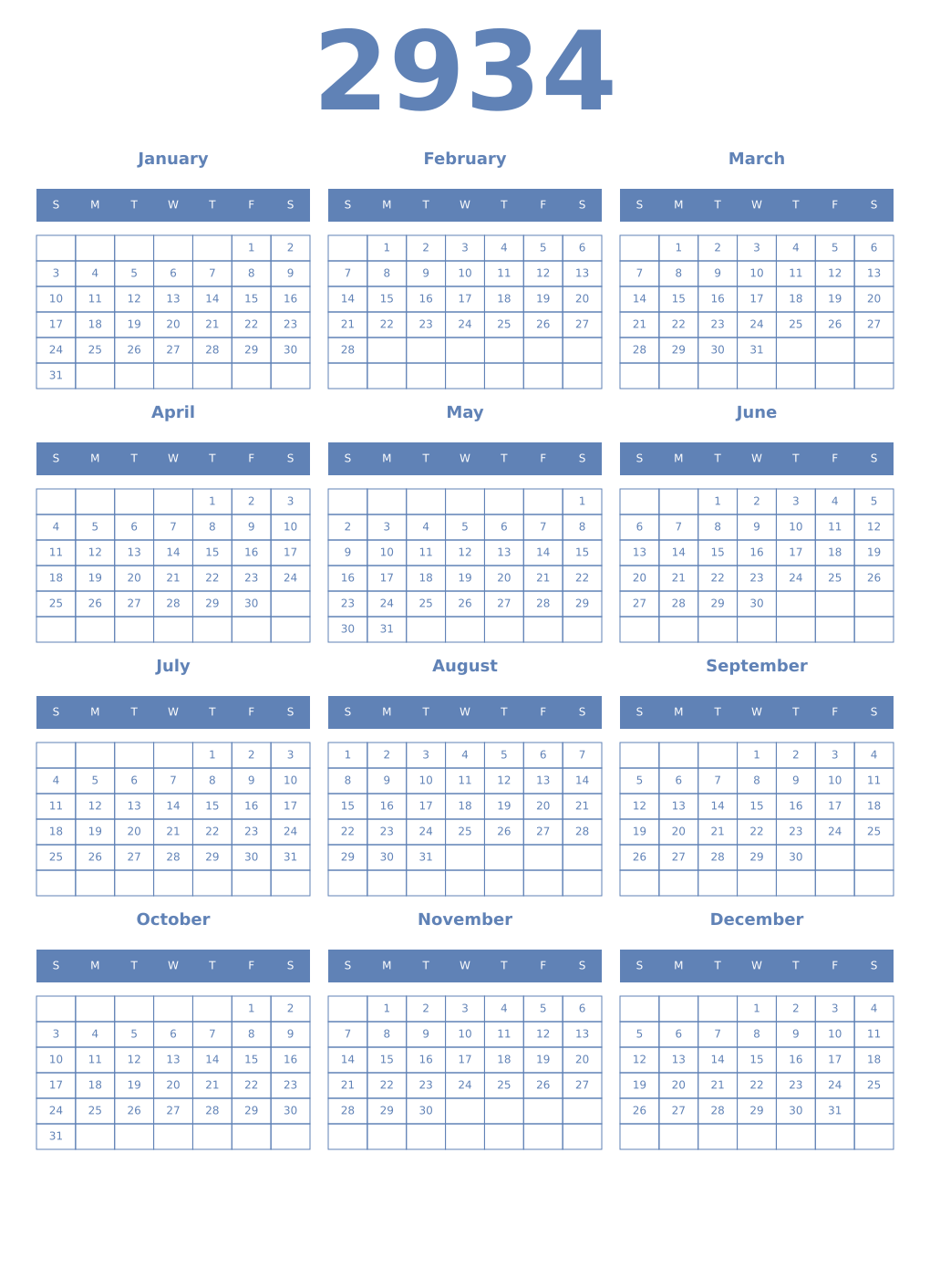 Printable 2934 Year Calendars glaucous