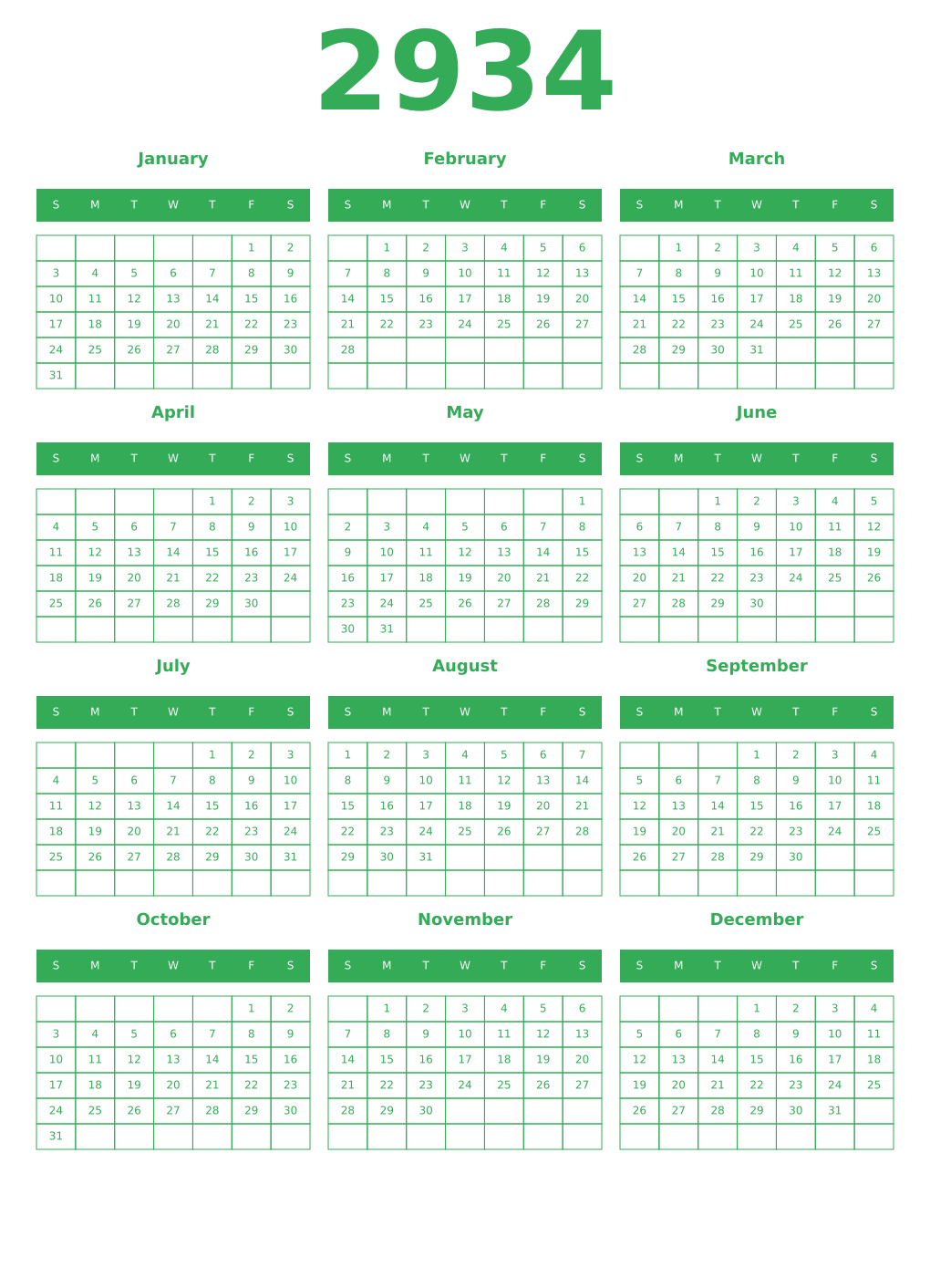 Printable 2934 Year Calendars green