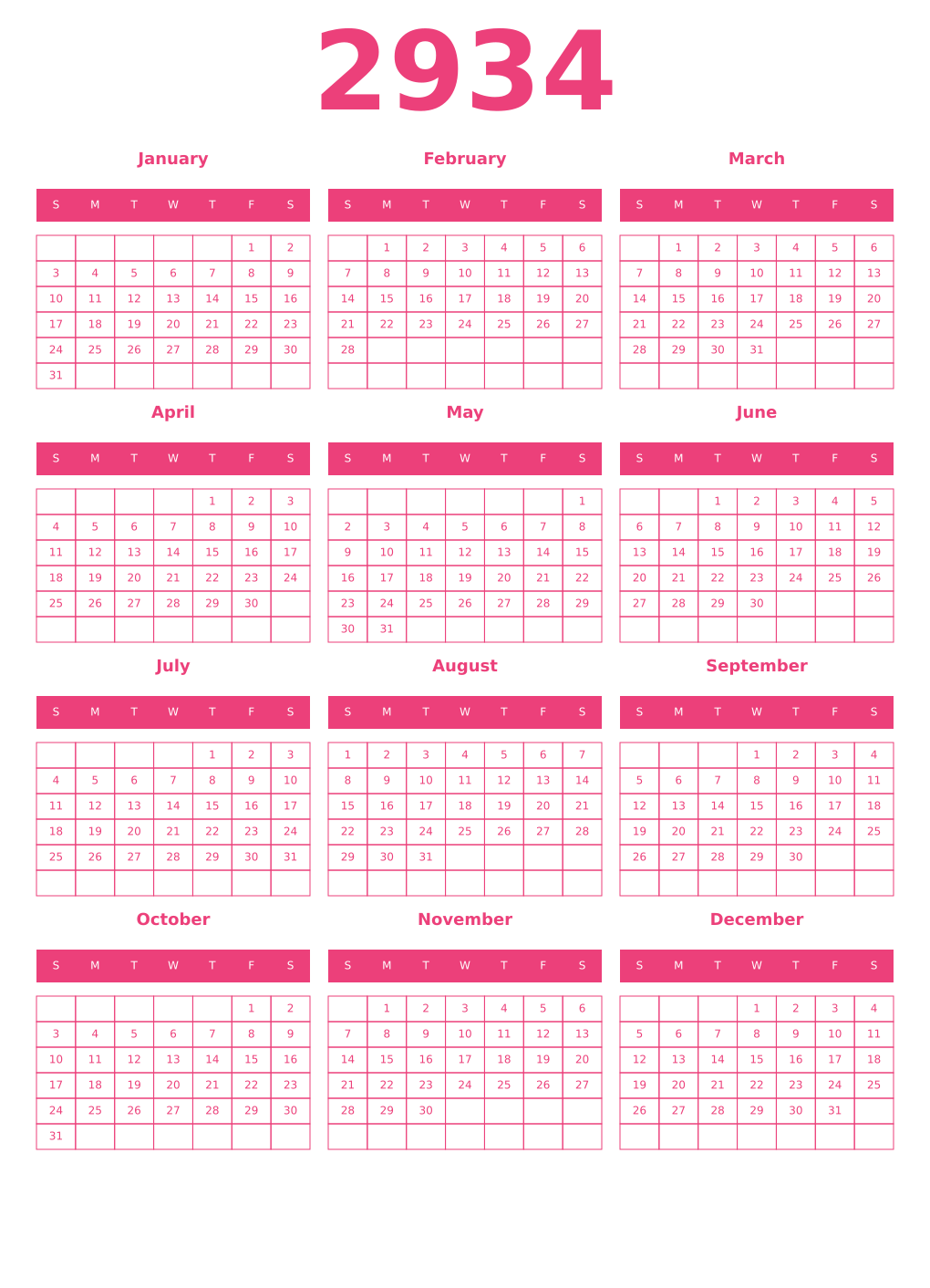 Printable 2934 Year Calendars pink