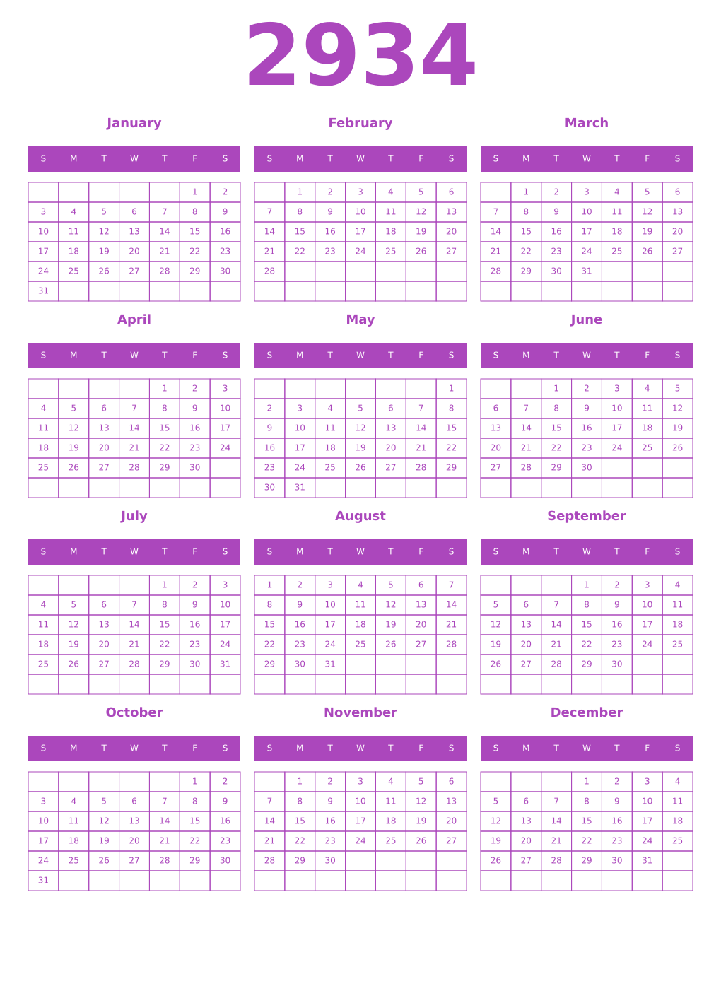 Printable 2934 Year Calendars purple