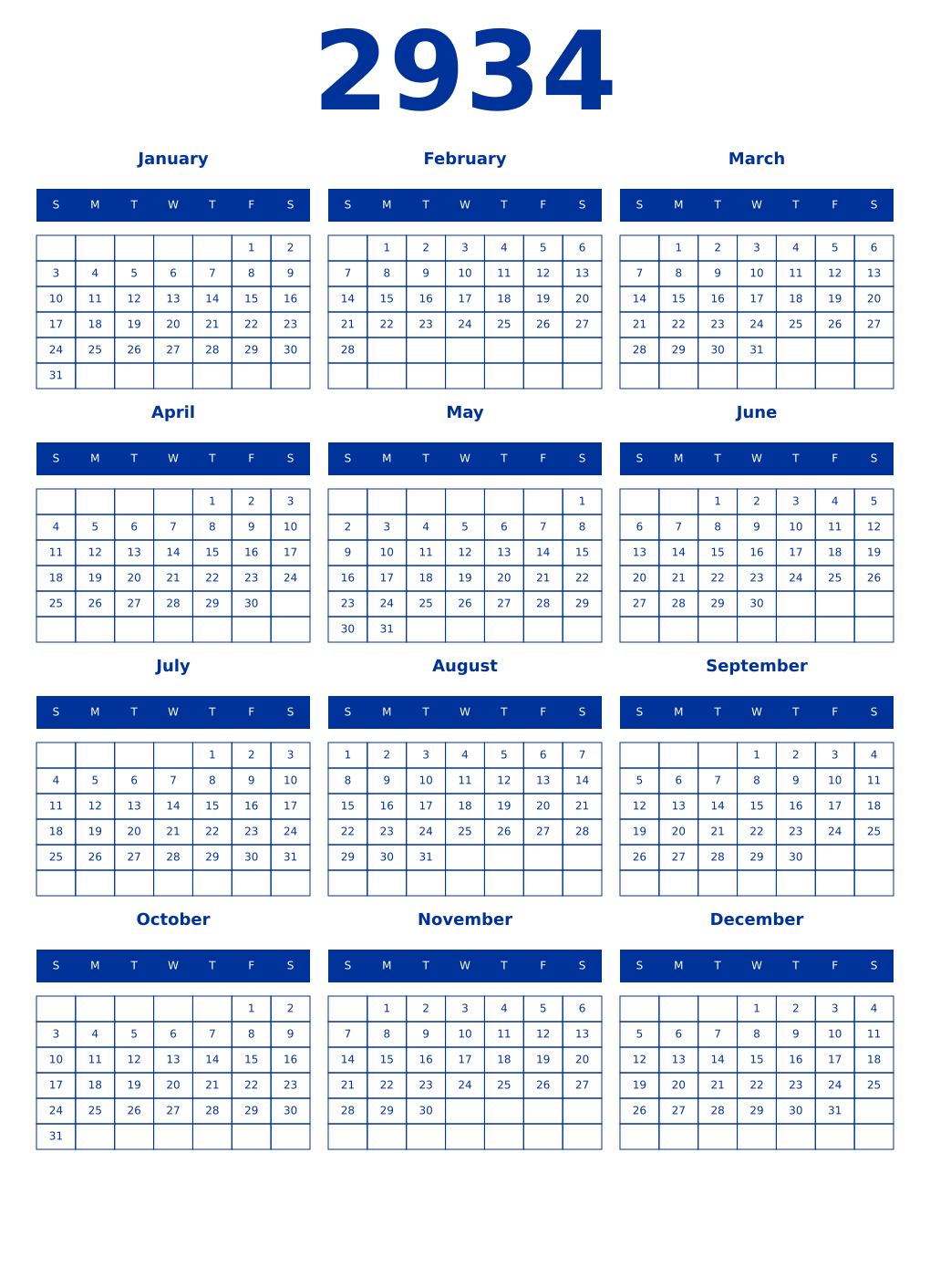 Printable 2934 Year Calendars smalt