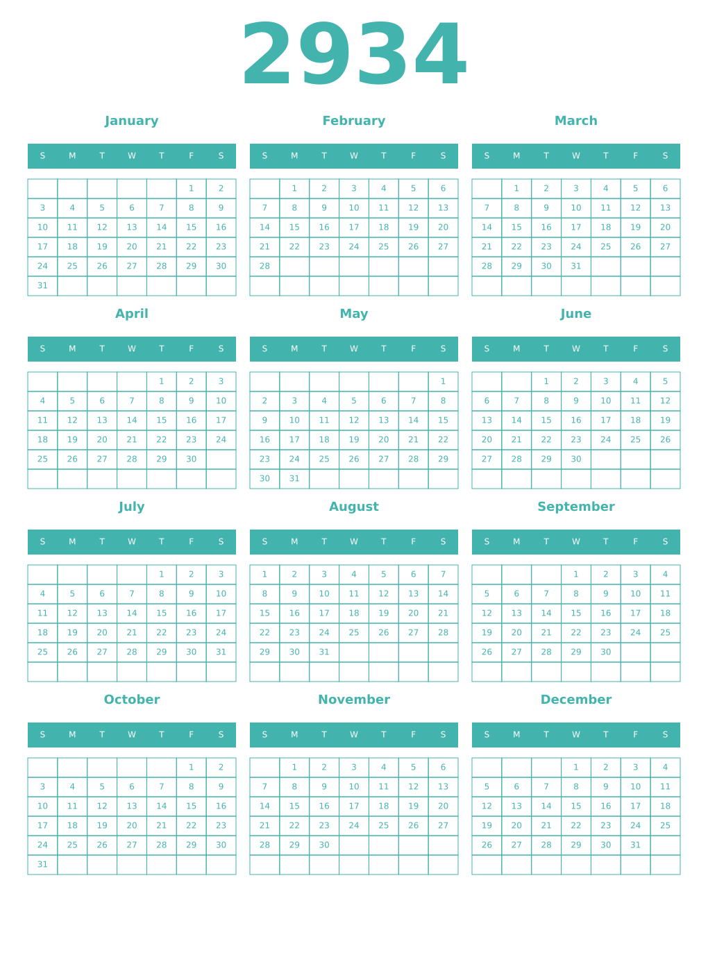 Printable 2934 Year Calendars verdigris