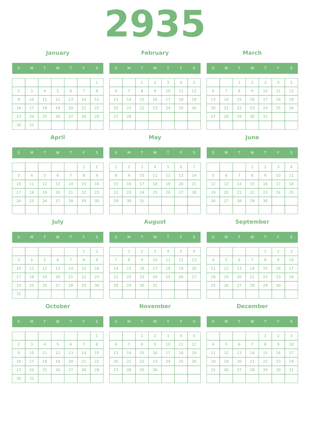 Printable 2935 Year Calendars celadon