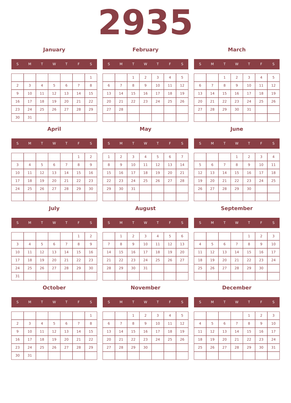 Printable 2935 Year Calendars cordovan