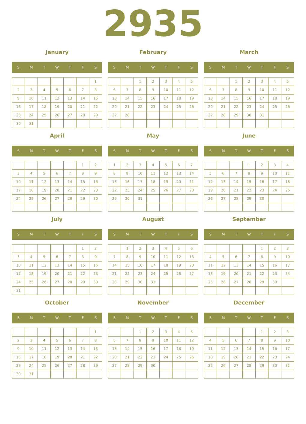 Printable 2935 Year Calendars eburnean