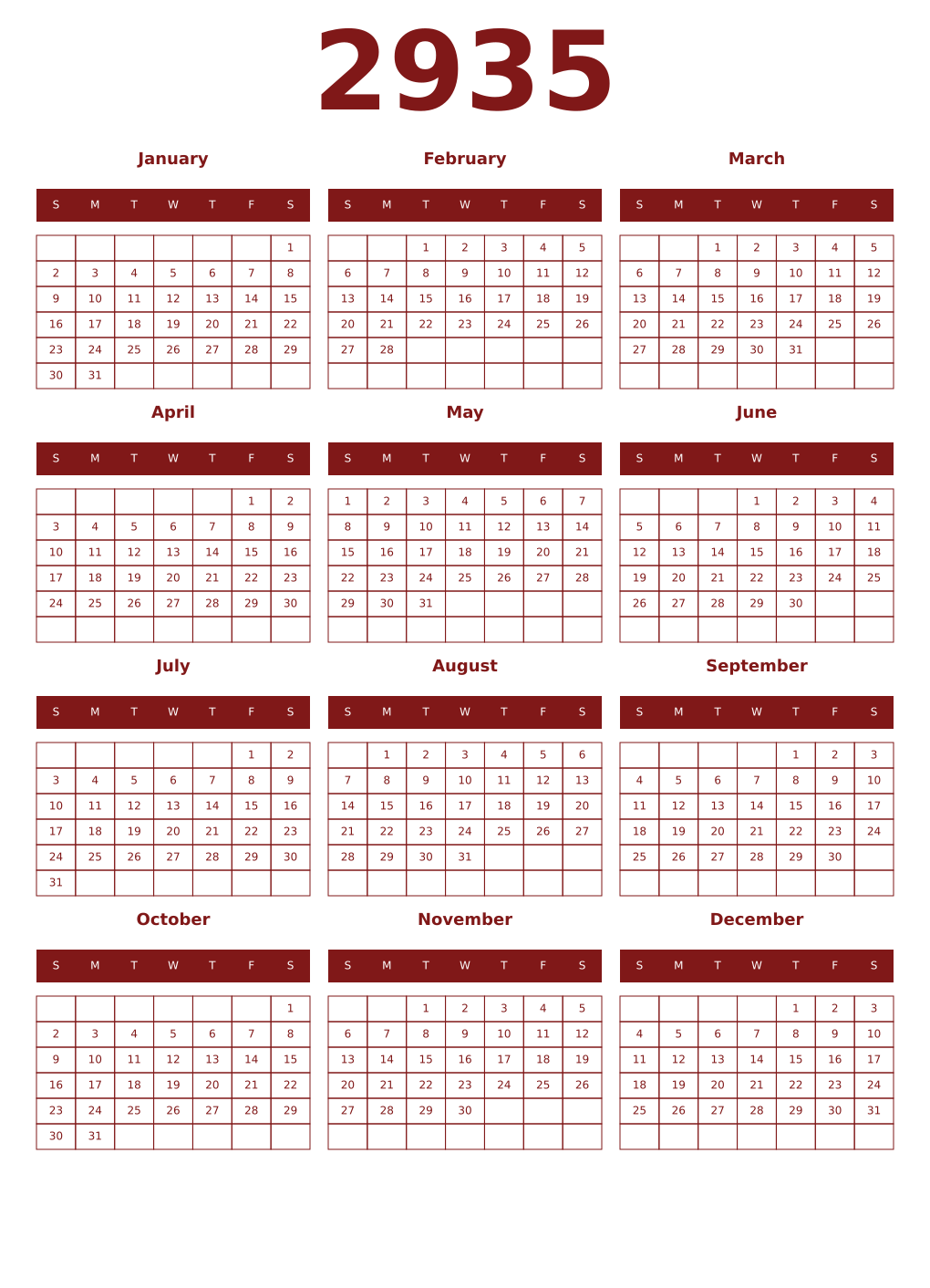 Printable 2935 Year Calendars falu