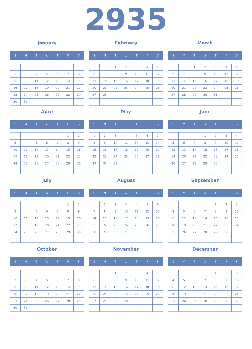 Printable 2935 Year Calendars glaucous