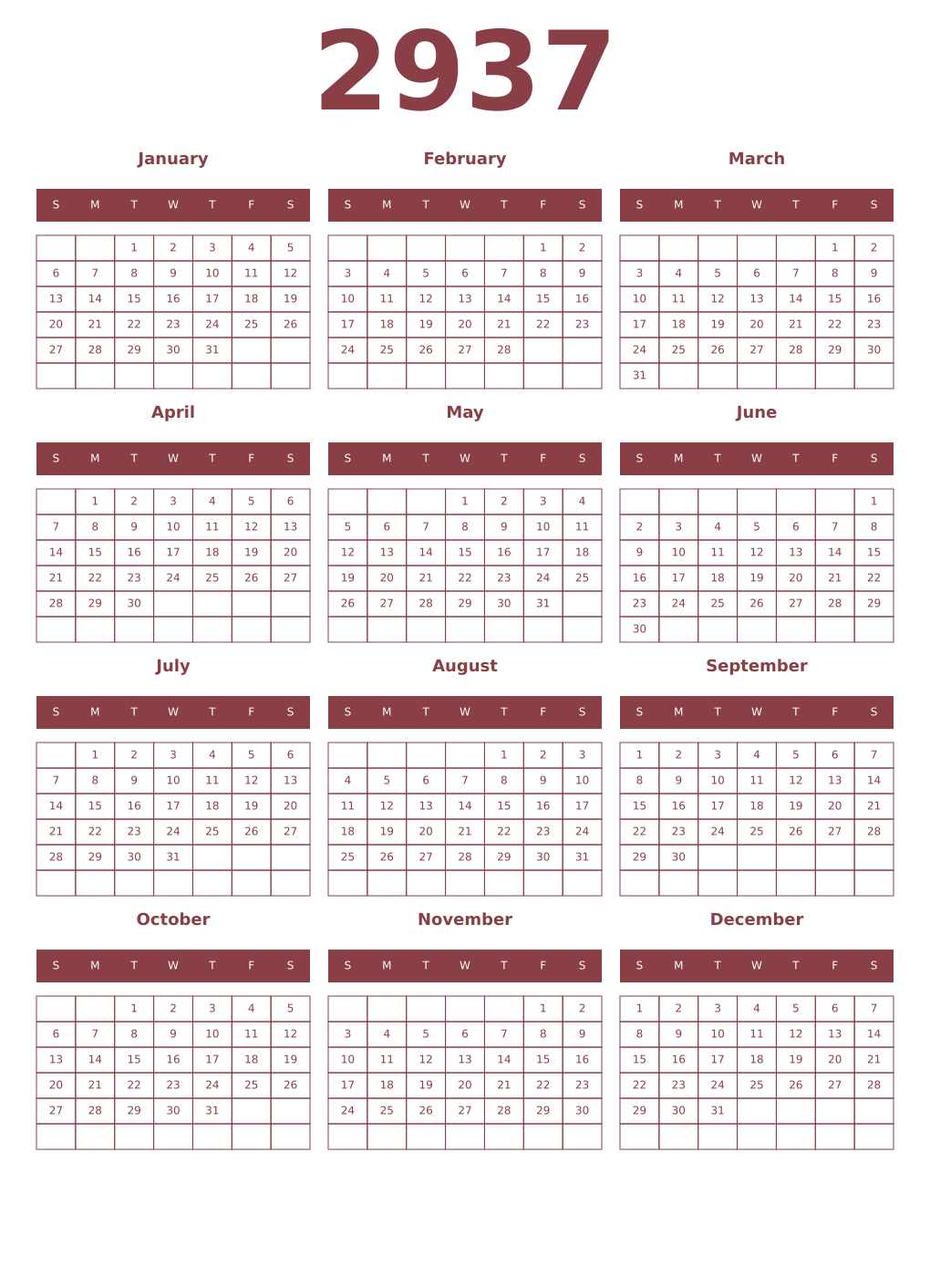 Printable 2937 Year Calendars cordovan