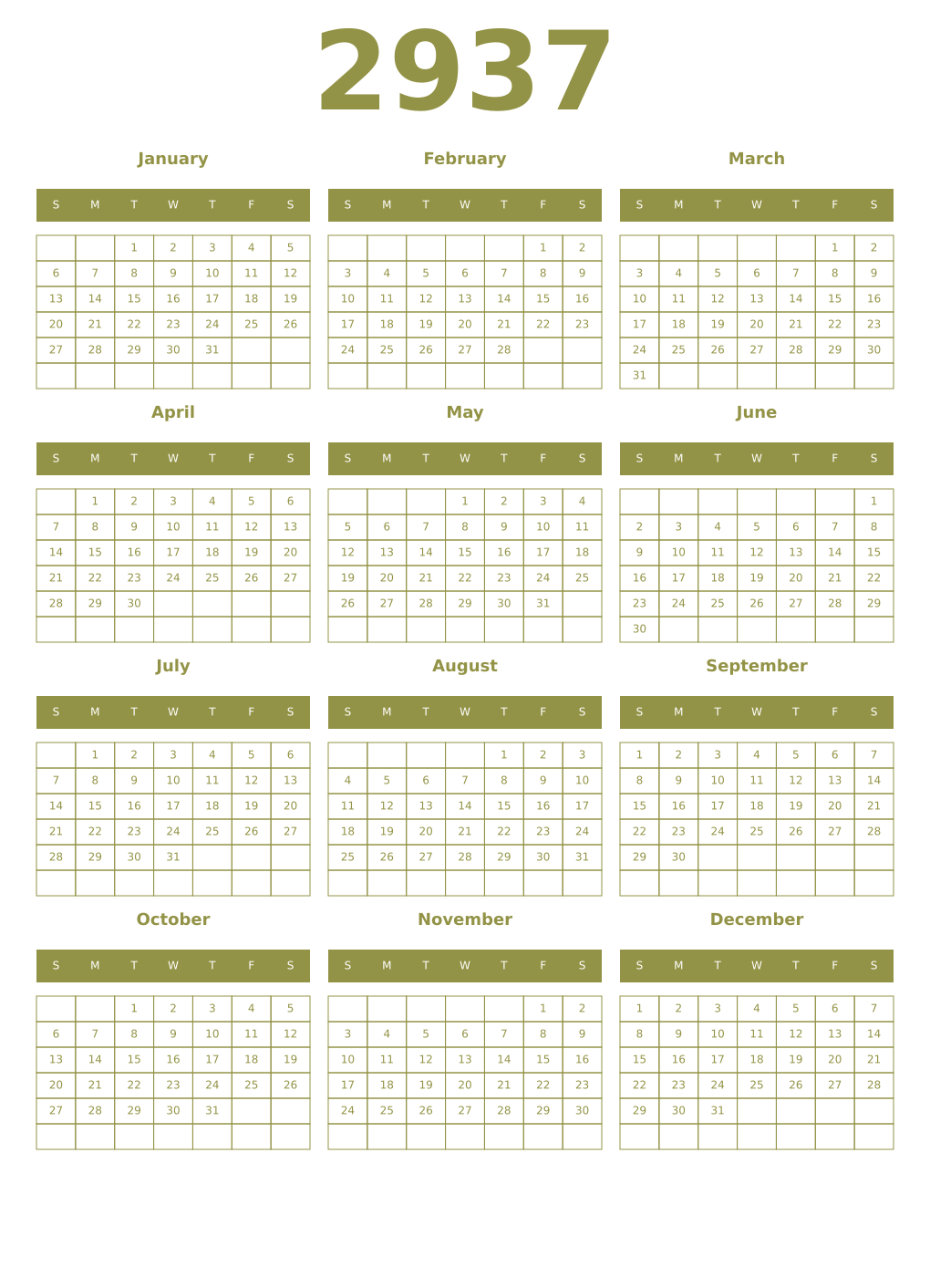 Printable 2937 Year Calendars eburnean