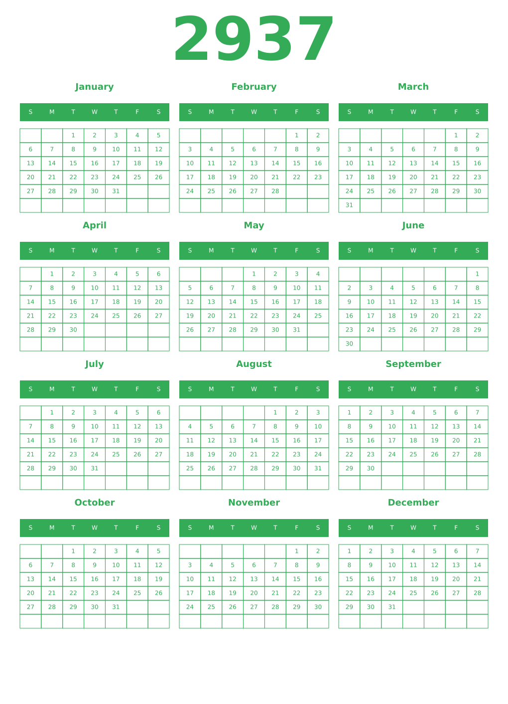 Printable 2937 Year Calendars green
