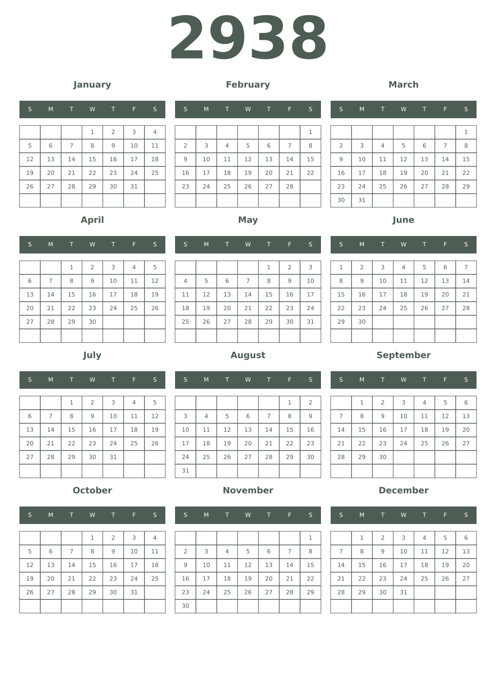 Printable 2938 Year Calendars feldgrau