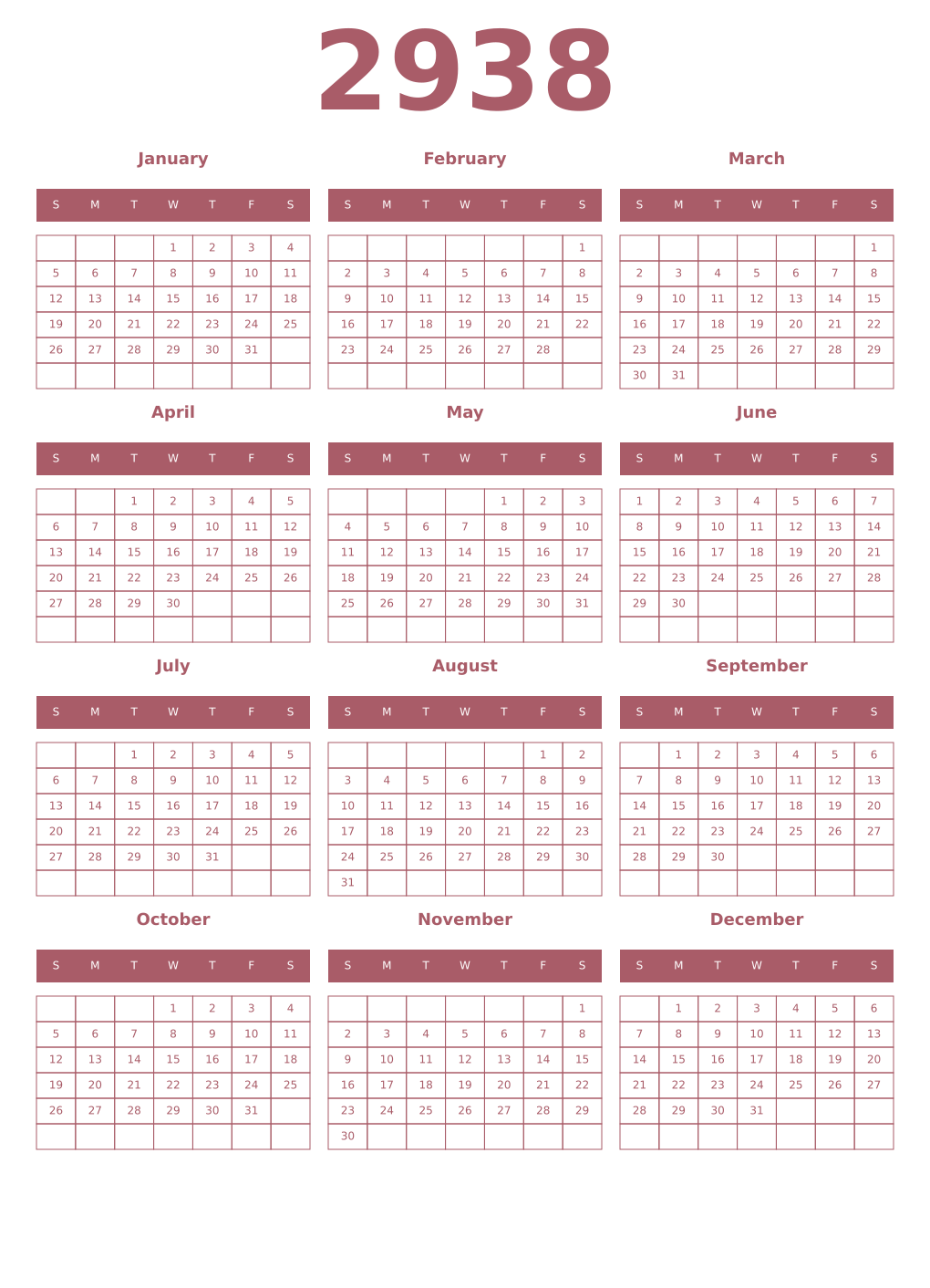 Printable 2938 Year Calendars puce