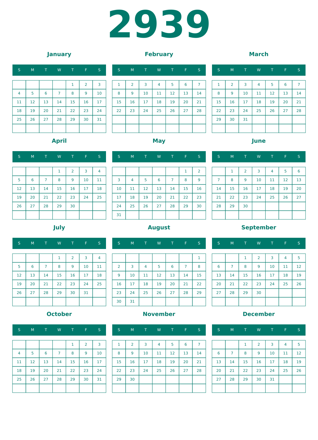 Printable 2939 Year Calendars pastel