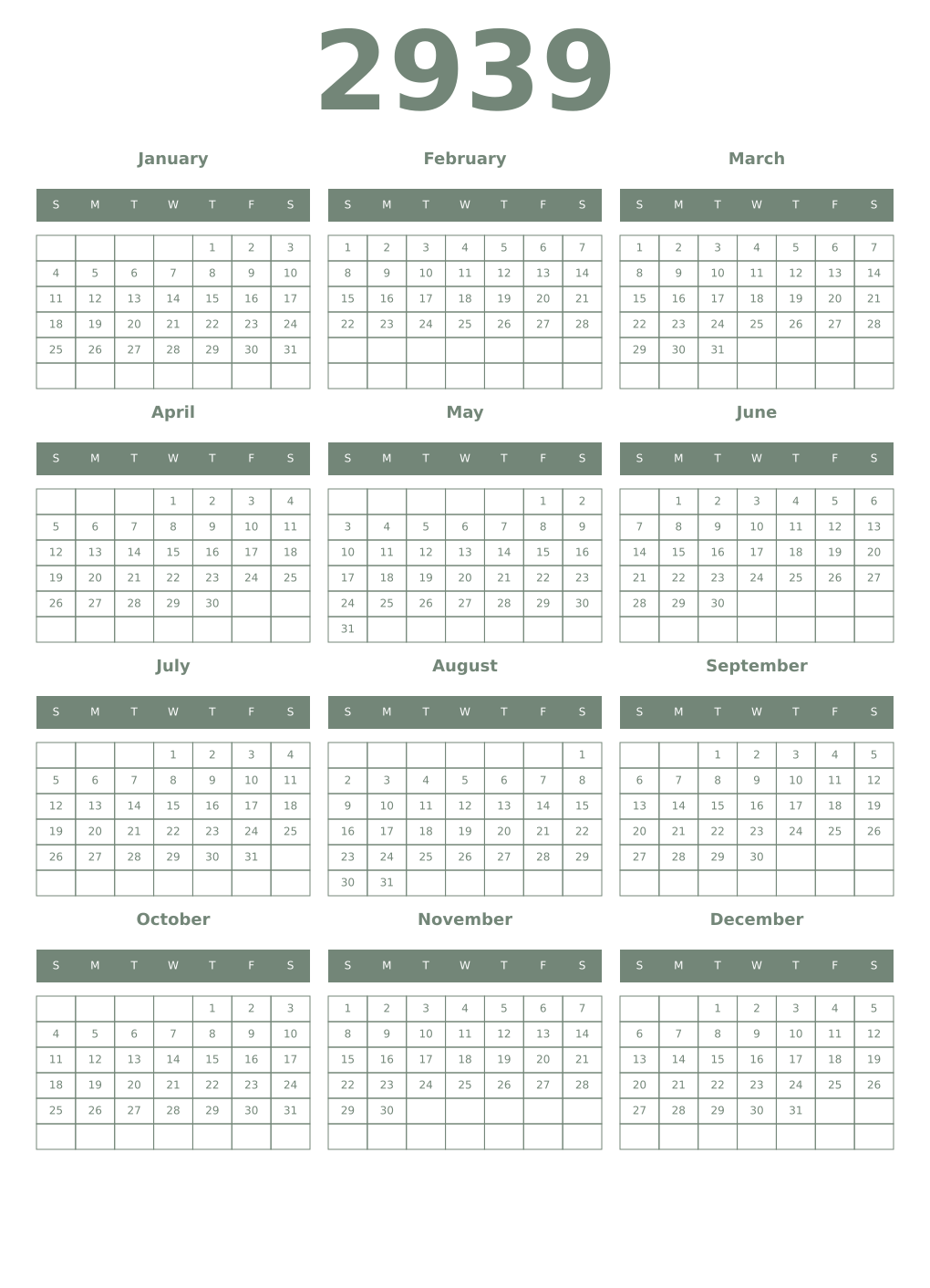 Printable 2939 Year Calendars xanadu