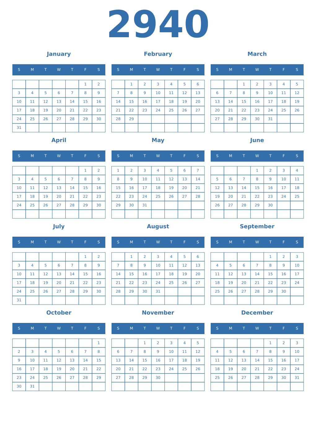 Printable 2940 Year Calendars blue