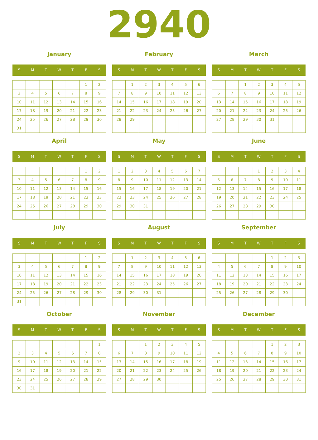 Printable 2940 Year Calendars chartreuse