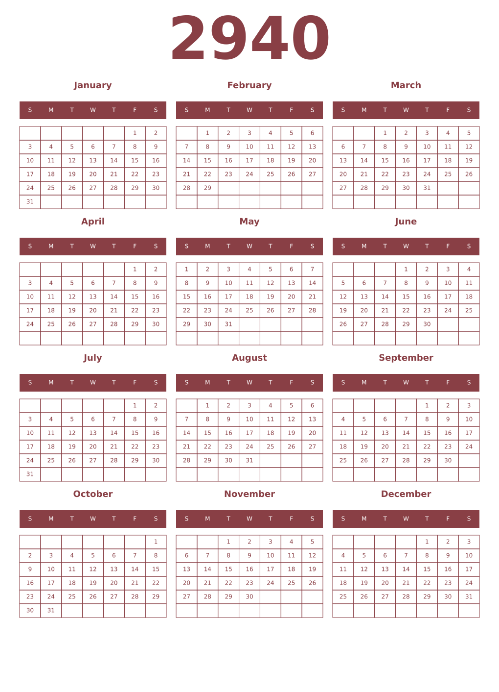 Printable 2940 Year Calendars cordovan