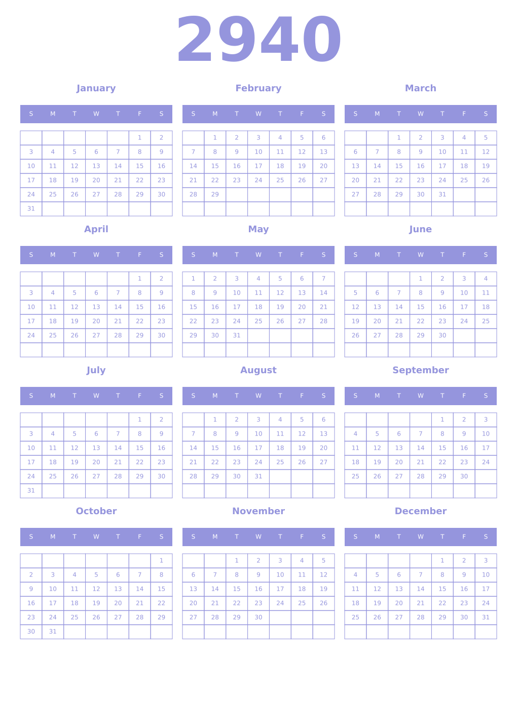 Printable 2940 Year Calendars periwinkle