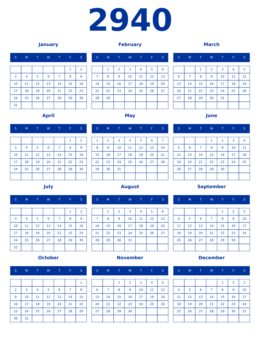 Printable 2940 Year Calendars smalt