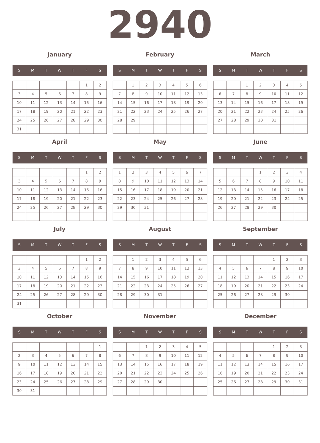 Printable 2940 Year Calendars wenge