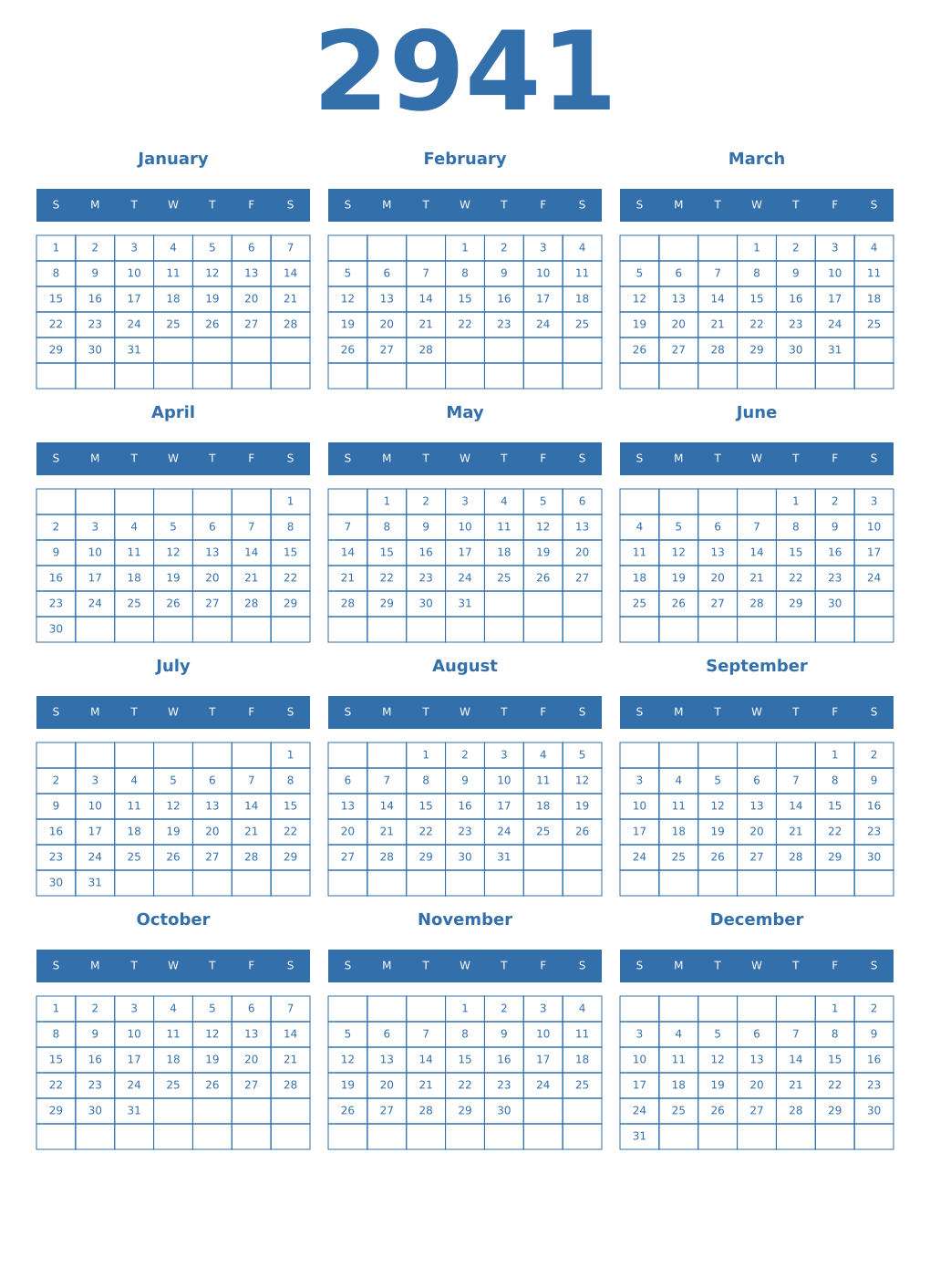 Printable 2941 Year Calendars blue