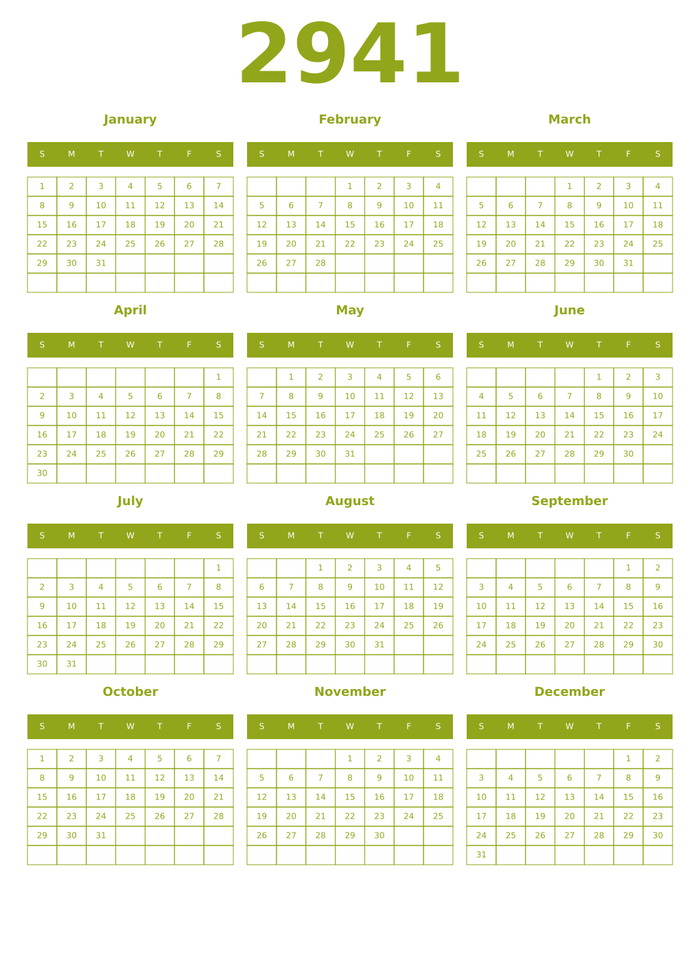 Printable 2941 Year Calendars chartreuse