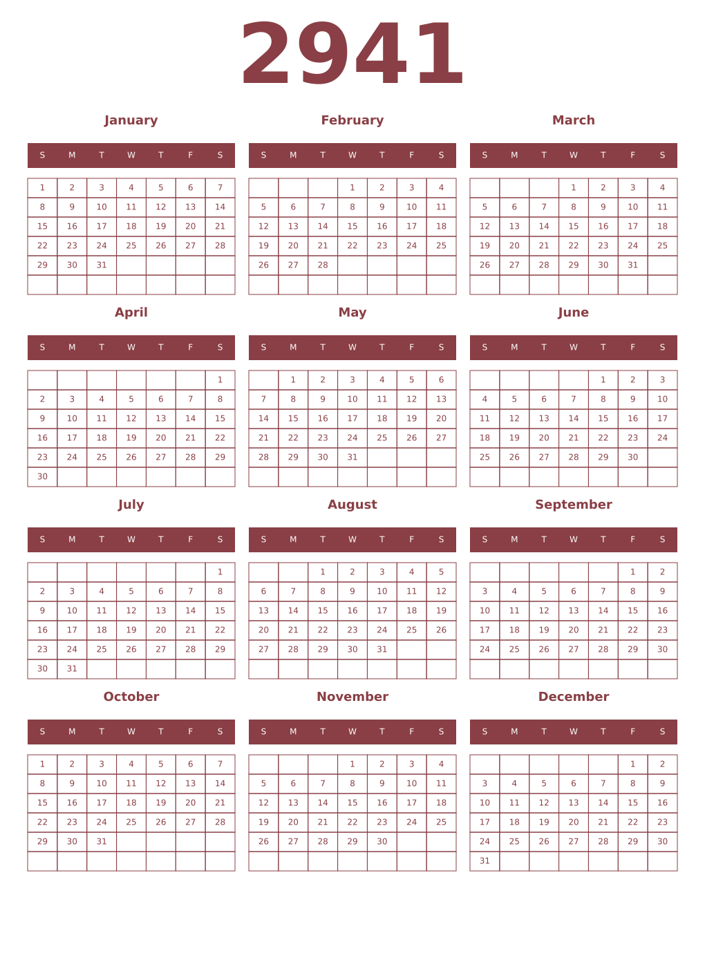 Printable 2941 Year Calendars cordovan