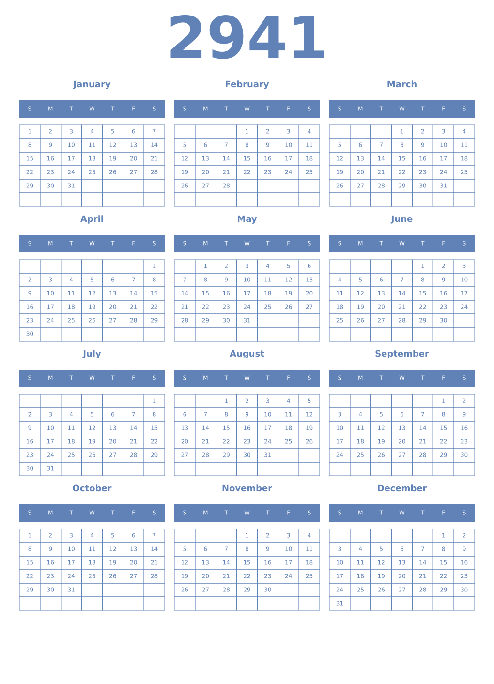 Printable 2941 Year Calendars glaucous